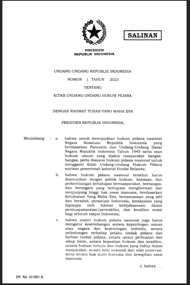 Undang-Undang Nomor 1 Tahun 2023 tentang Kitab Undang-Undang Hukum Pidana